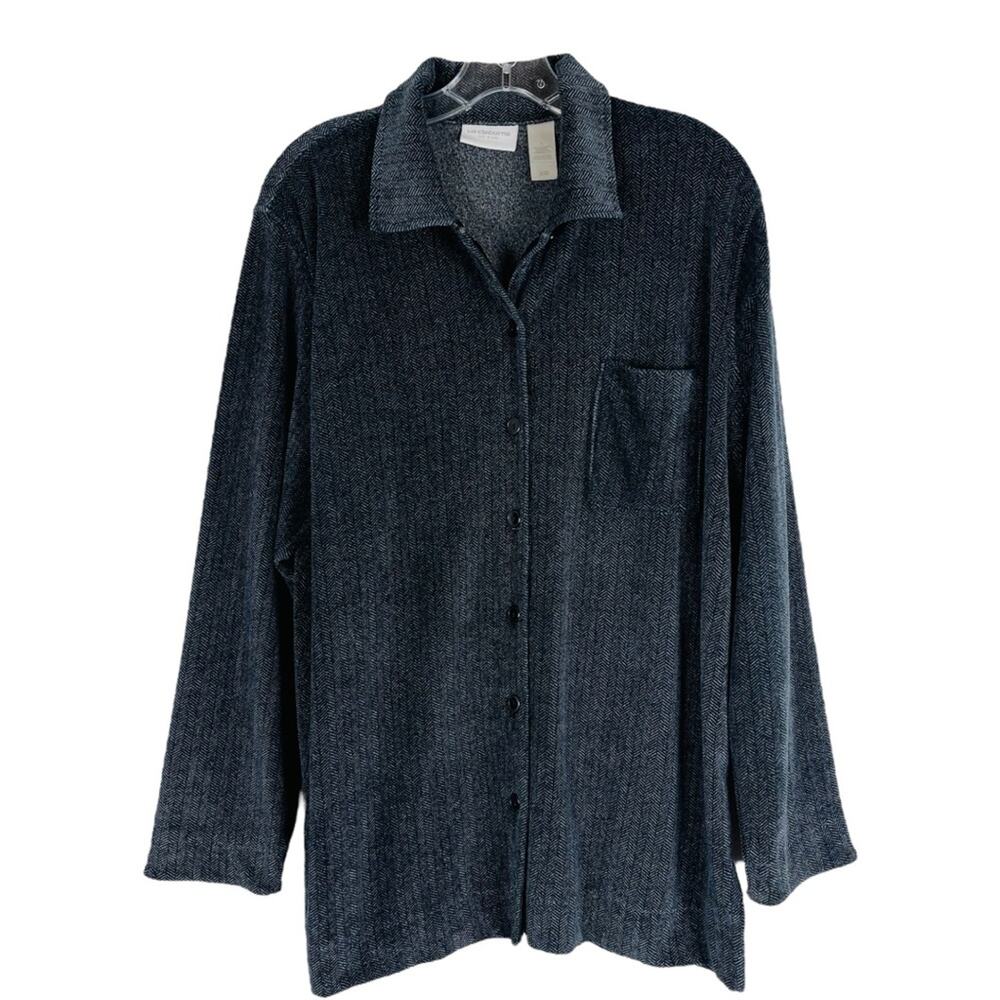 Liz Claiborne grey black velour herringbone button front collared shirt large